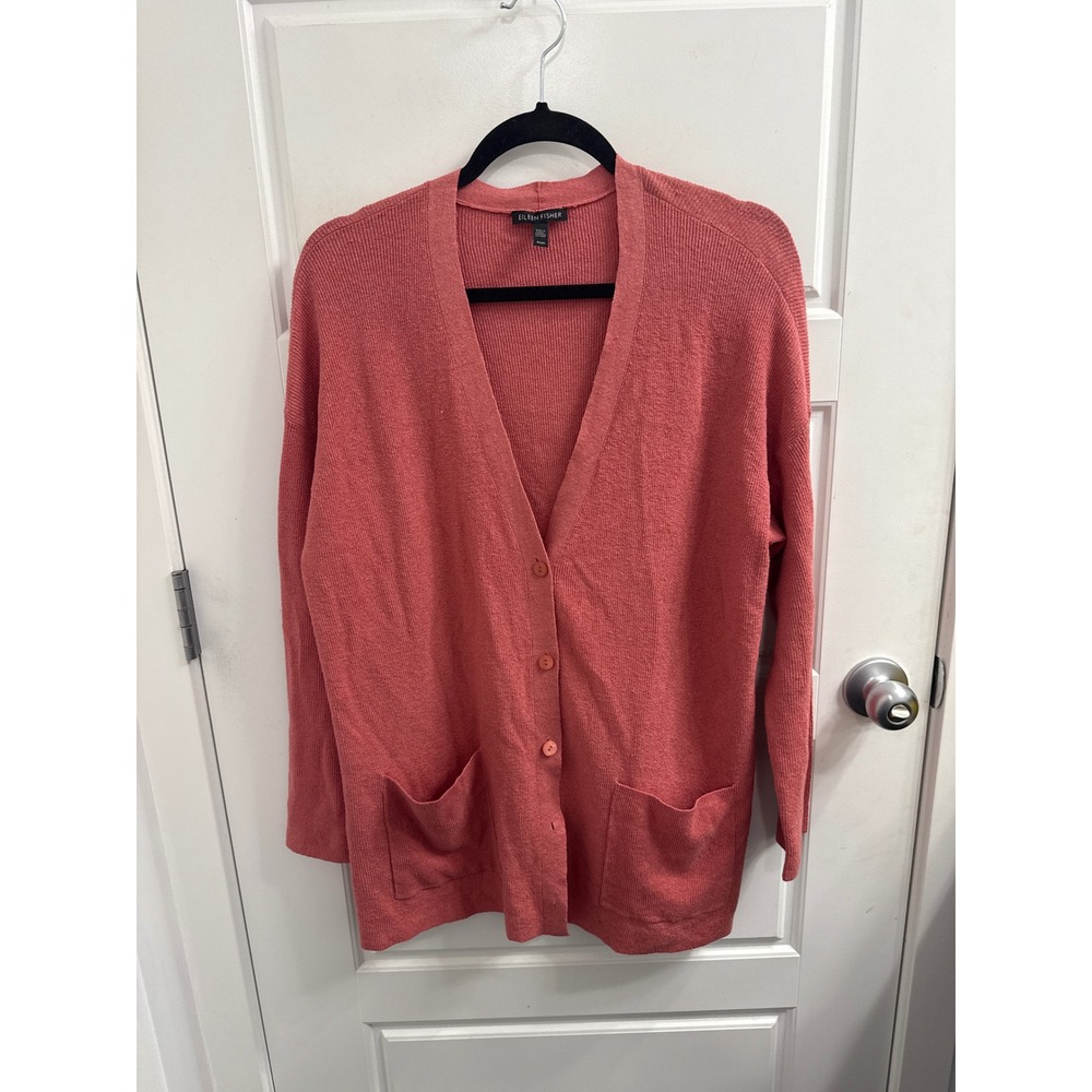 Eileen Fisher Organic Linen Blend Ribbed Cardigan‎ Coral Pink Medium Longline